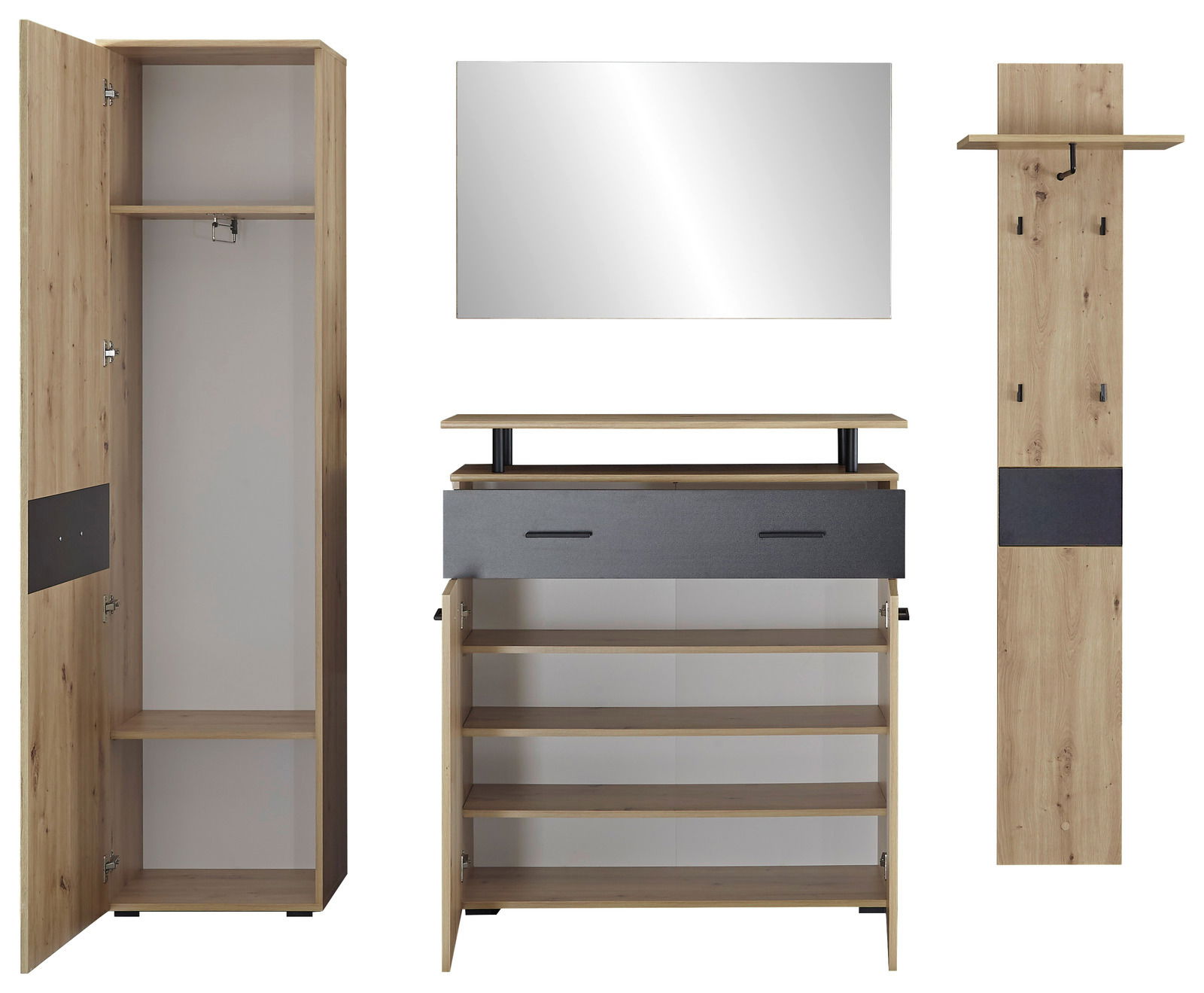 Garderoben-Set in Holzoptik mit Schrank, Spiegel, Schuhregal und Wandpaneel, frontale Ansicht