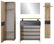 Garderoben-Set in Holzoptik mit Schrank, Spiegel, Schuhregal und Wandpaneel, frontale Ansicht