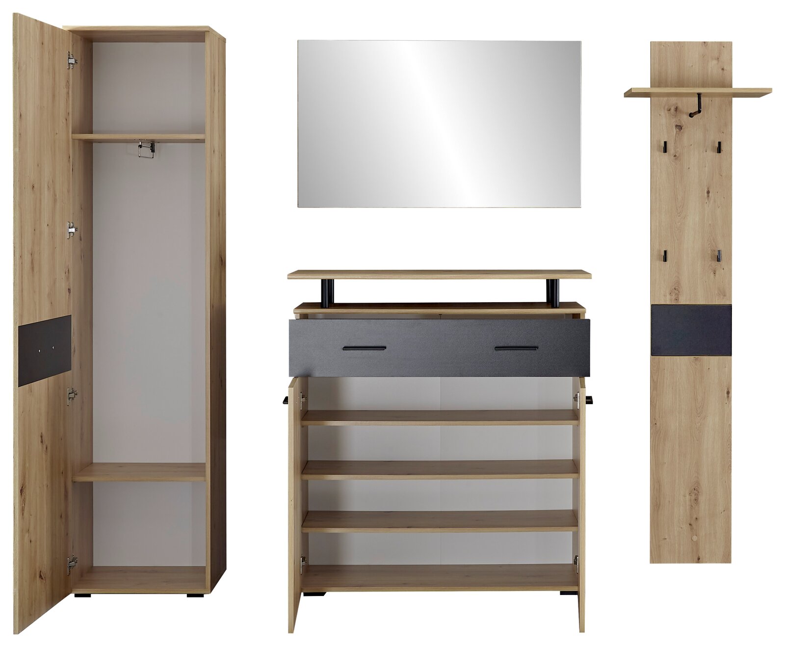 Garderoben-Set in Holzoptik mit Schrank, Spiegel, Schuhregal und Wandpaneel, frontale Ansicht