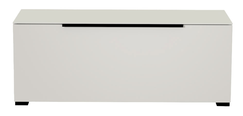 Frontansicht eines modernen, weißen TV-Lowboards mit schlichtem Design und schwarzen Füßen.