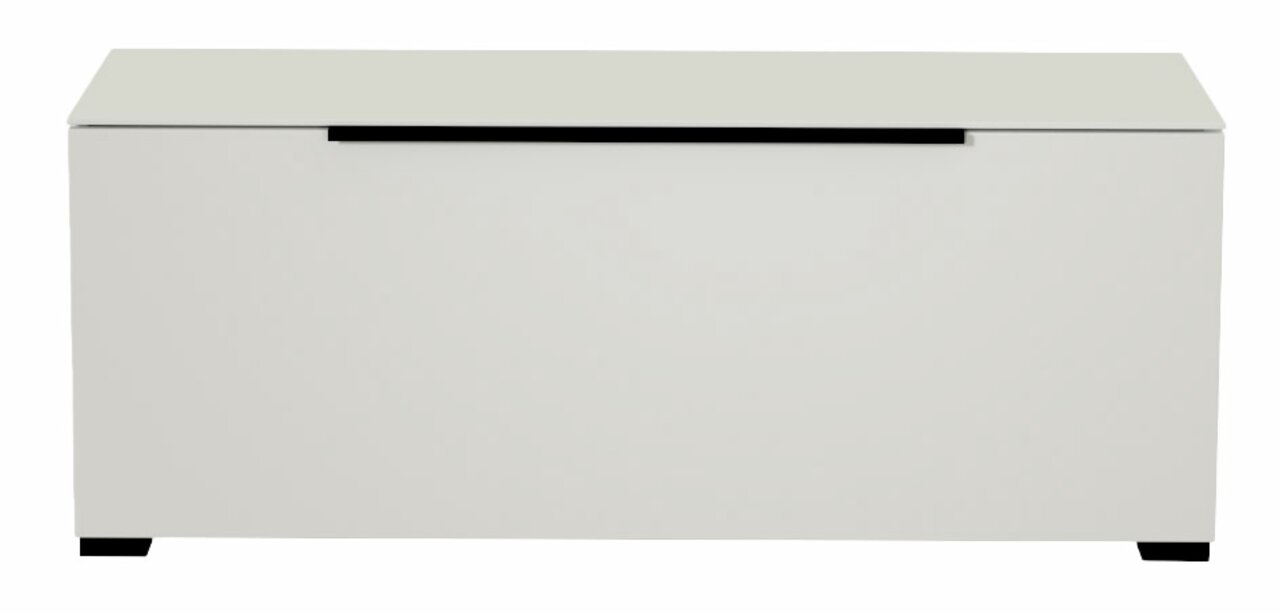 Frontansicht eines modernen, weißen TV-Lowboards mit schlichtem Design und schwarzen Füßen.