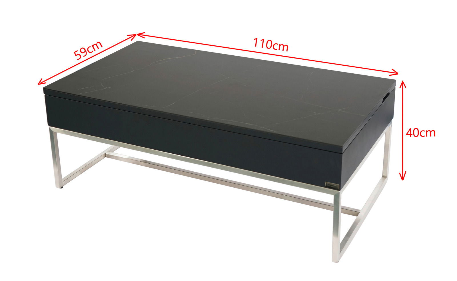 Moderner Couchtisch mit schwarzer Tischplatte und silbernem Metallgestell, seitliche Perspektive