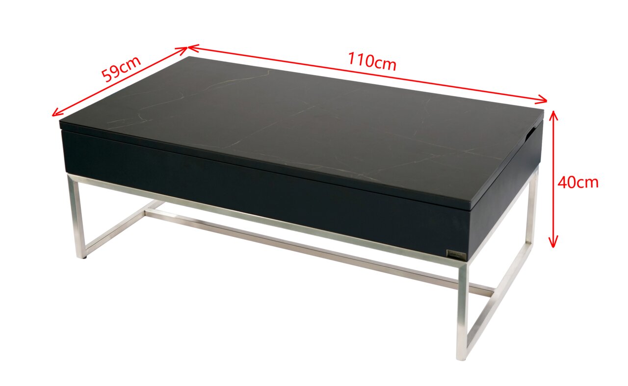 Moderner Couchtisch mit schwarzer Tischplatte und silbernem Metallgestell, seitliche Perspektive
