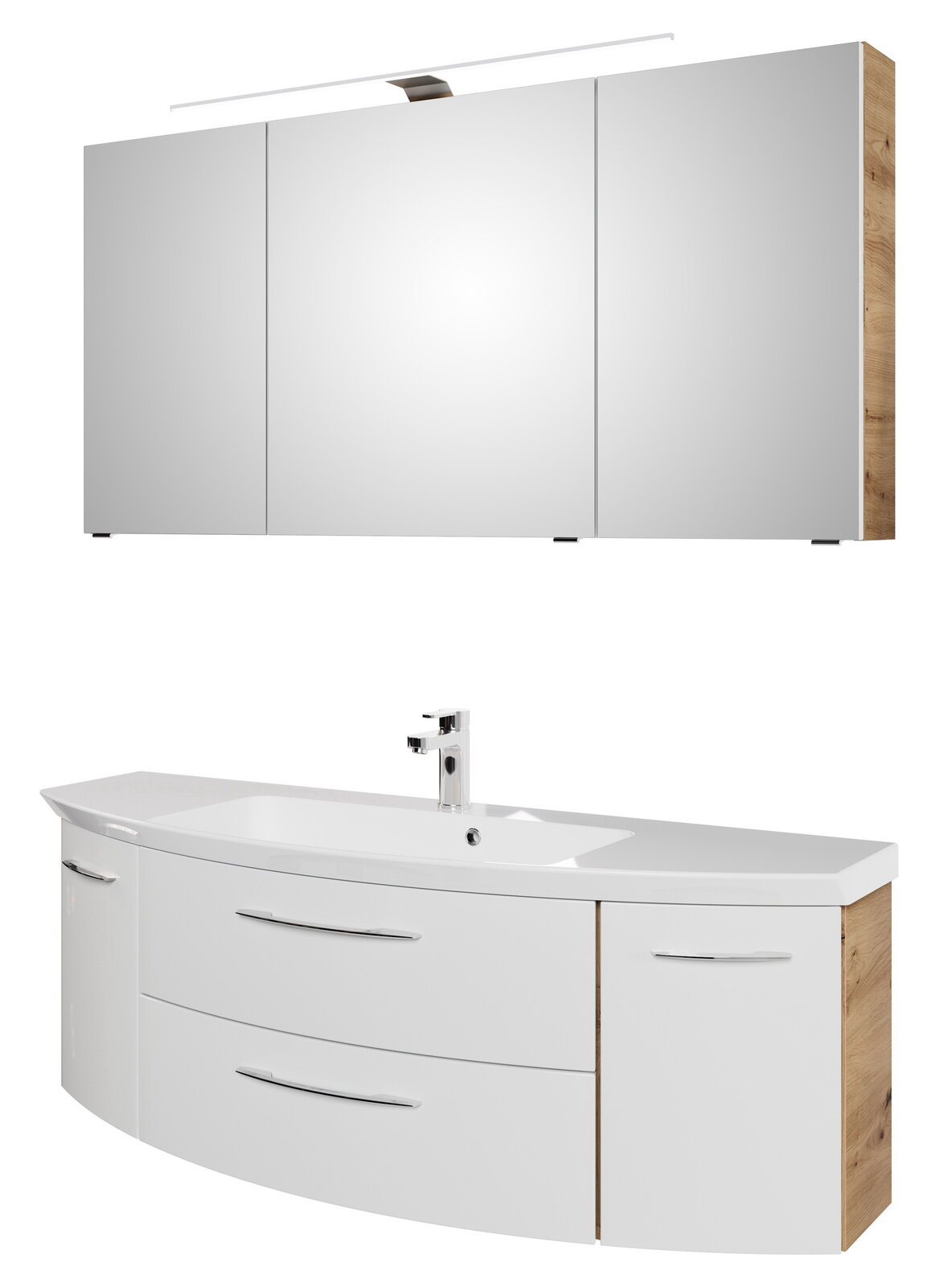 Sadena Badkombination 3-tlg. PLAKA Moderne Badkombination mit dreiteiligem Spiegelschrank und Waschbeckenunterschrank in Holzoptik, seitliche Perspektive