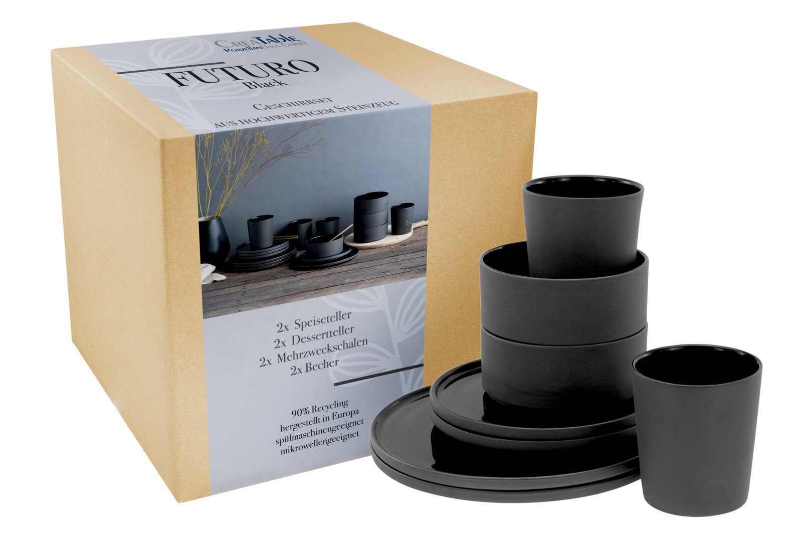 Creatable Kombiservice 8-tlg FUTURO Schwarzes Geschirrset „FUTURO Black“ aus hochwertigem Steinzeug in Geschenkbox, bestehend aus Tellern, Schalen und Bechern; Produktansicht schräg von vorne (3/4-Perspektive) auf weißem Hintergrund.