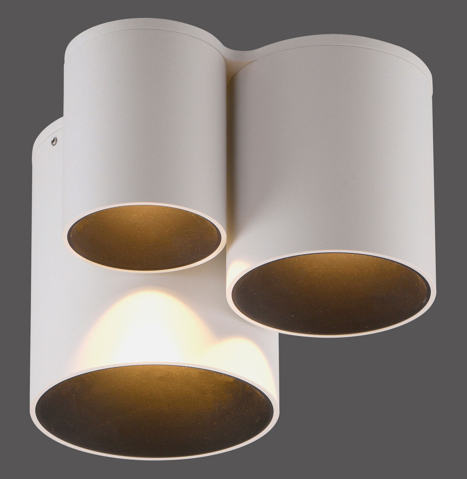 Moderne LED-Deckenleuchte mit drei zylindrischen Lampenschirmen, Ansicht von unten.