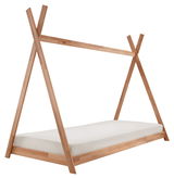 Tipibett aus Holz mit Matratze, seitliche Perspektive
