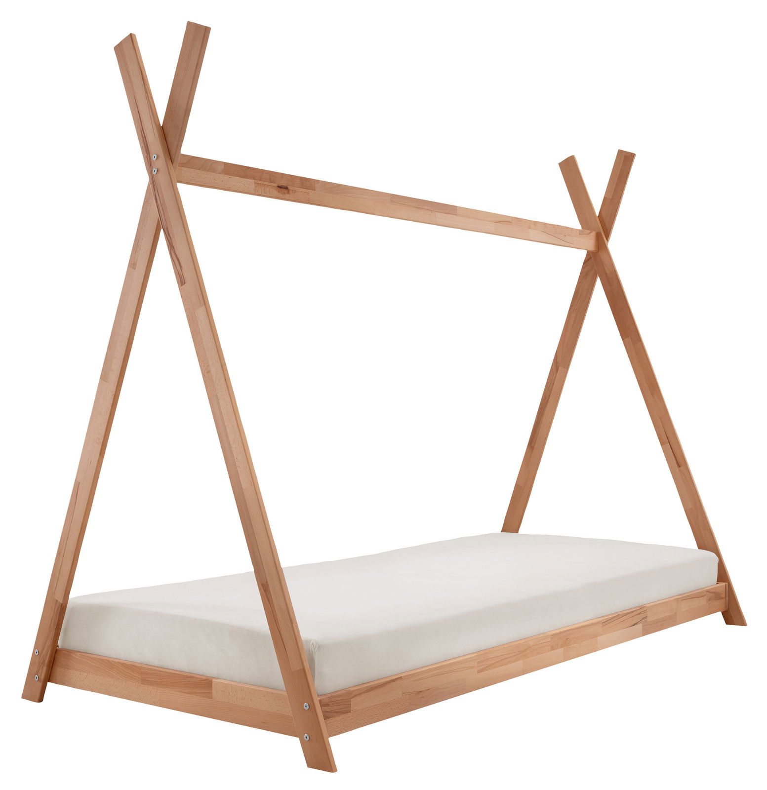Tipibett aus Holz mit Matratze, seitliche Perspektive