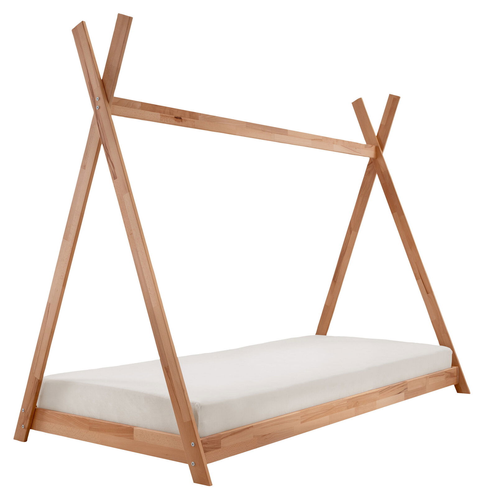 Tipibett aus Holz mit Matratze, seitliche Perspektive