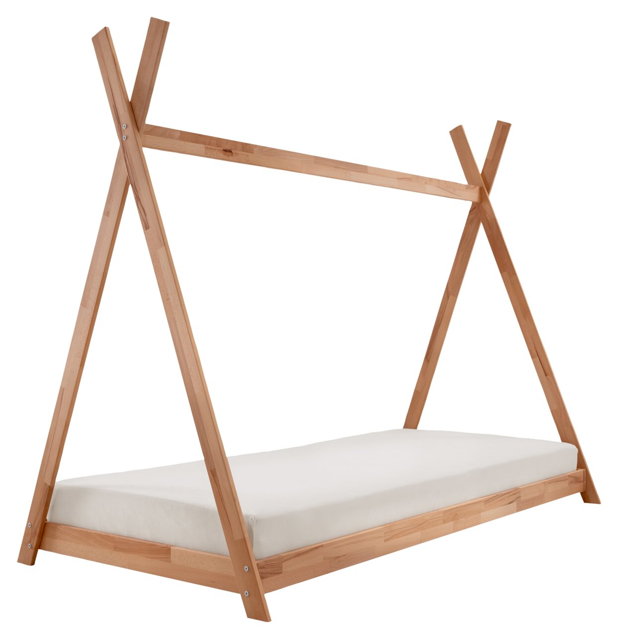 Tipibett aus Holz mit Matratze, seitliche Perspektive