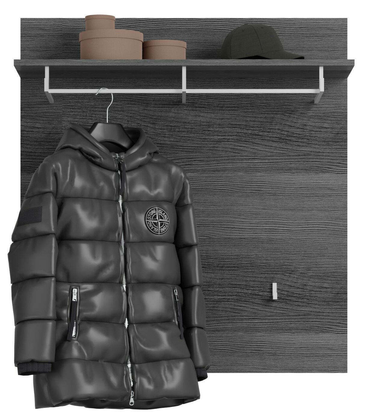 Garderoben-Set mit dunkler Holzoptik, bestehend aus einer Wandplatte mit Ablage, Kleiderhaken und einer schwarzen Jacke auf einem Kleiderbügel, frontal betrachtet.