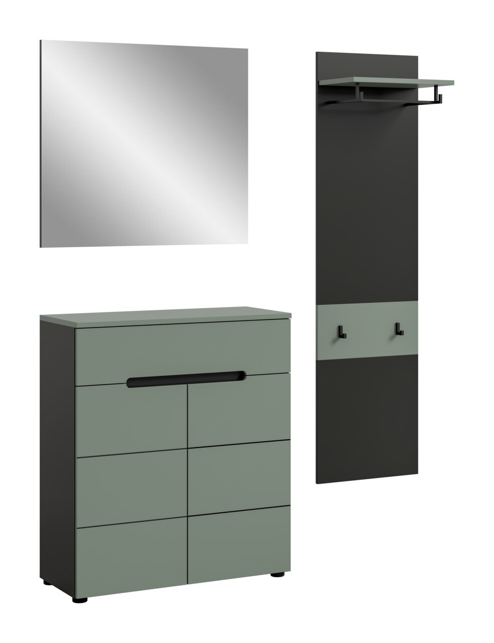 Modernes Flur-Garderoben-Set in Anthrazit und Salbeigrün mit Spiegel, Schuhschrank und Garderobenpaneel mit Ablage und Haken, dargestellt in Frontansicht (Spiegel und Schuhschrank) sowie Seitenansicht (Paneel)