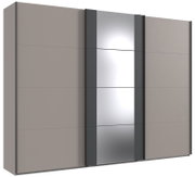 Kast met hangende deuren en drie deuren, middelste deur met spiegel, zijdeuren in grijs design, vooraanzicht