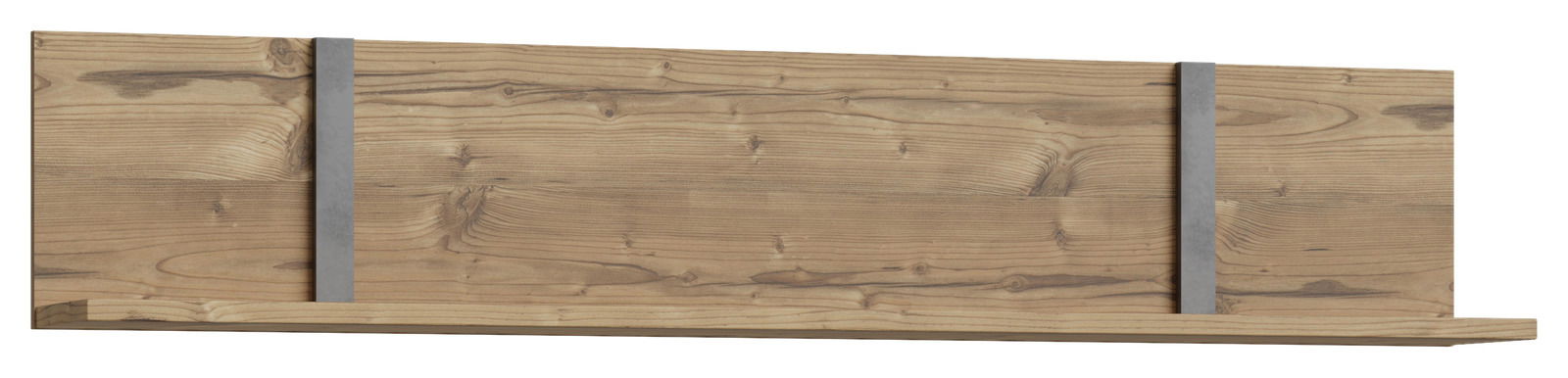 Holz-Wandregal mit zwei grauen Metallstreben, frontale Ansicht