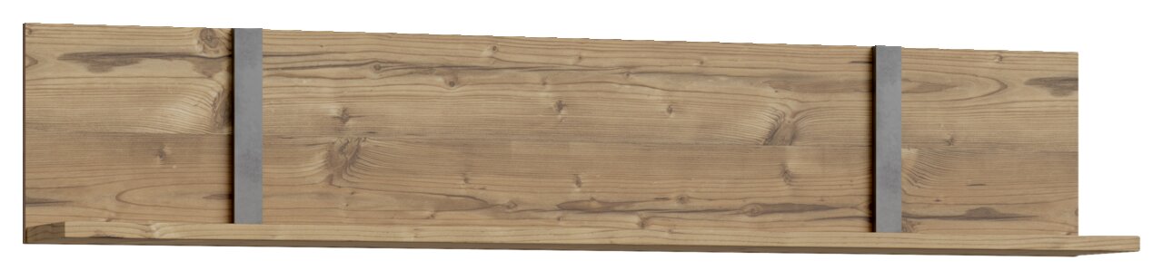 Holz-Wandregal mit zwei grauen Metallstreben, frontale Ansicht