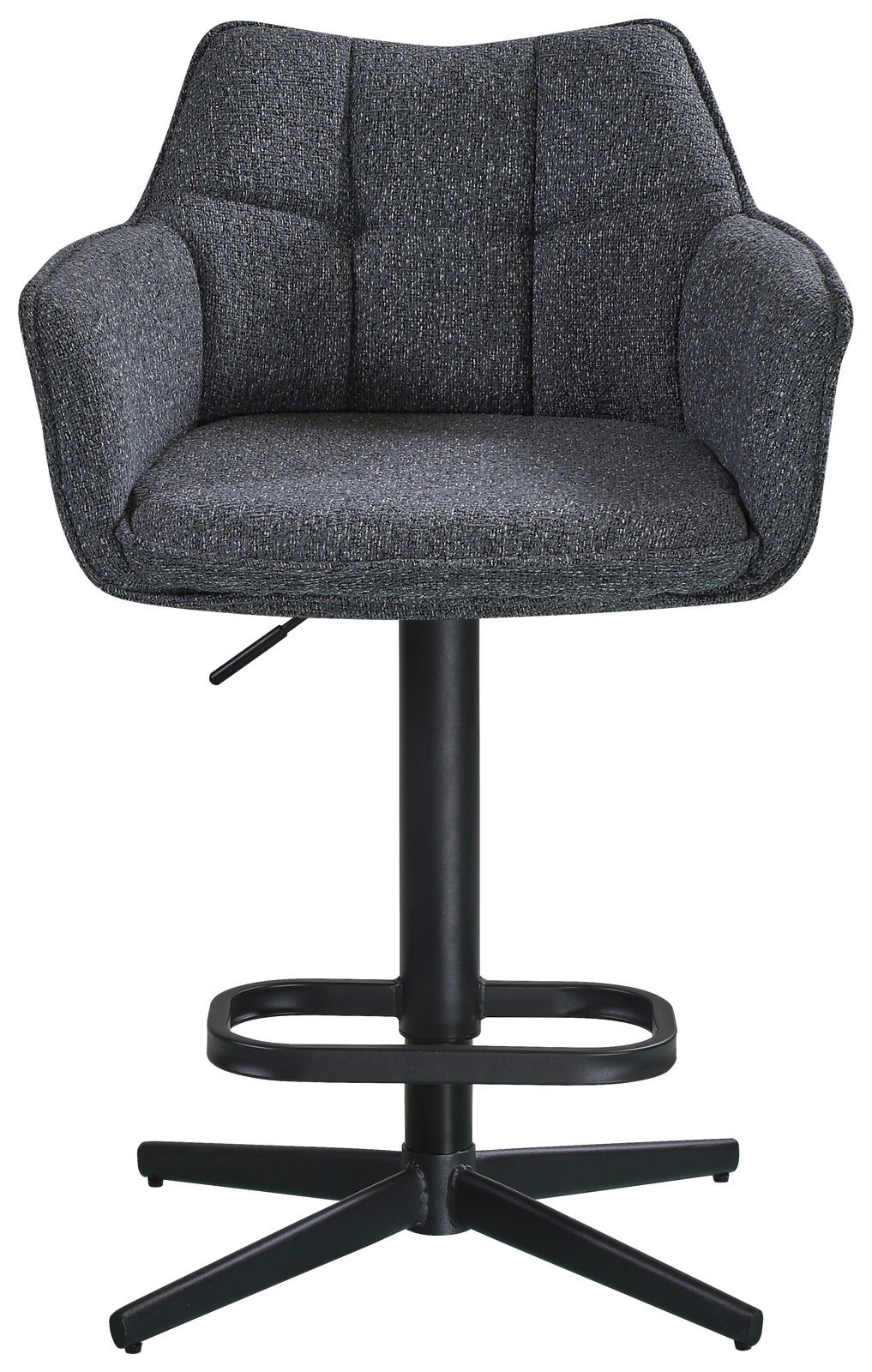 Grauer Barhocker mit gepolsterter Rückenlehne und Armlehnen, Vorderansicht