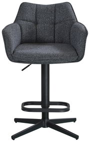 Grauer Barhocker mit gepolsterter Rückenlehne und Armlehnen, Vorderansicht