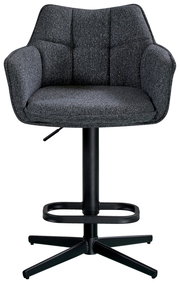 Grauer Barhocker mit gepolsterter Rückenlehne und Armlehnen, Vorderansicht