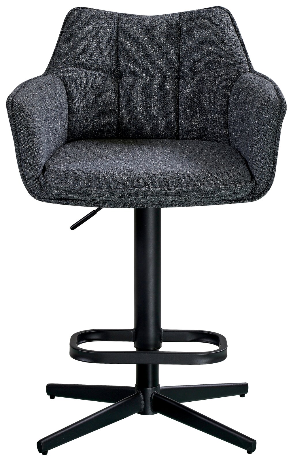 Grauer Barhocker mit gepolsterter Rückenlehne und Armlehnen, Vorderansicht