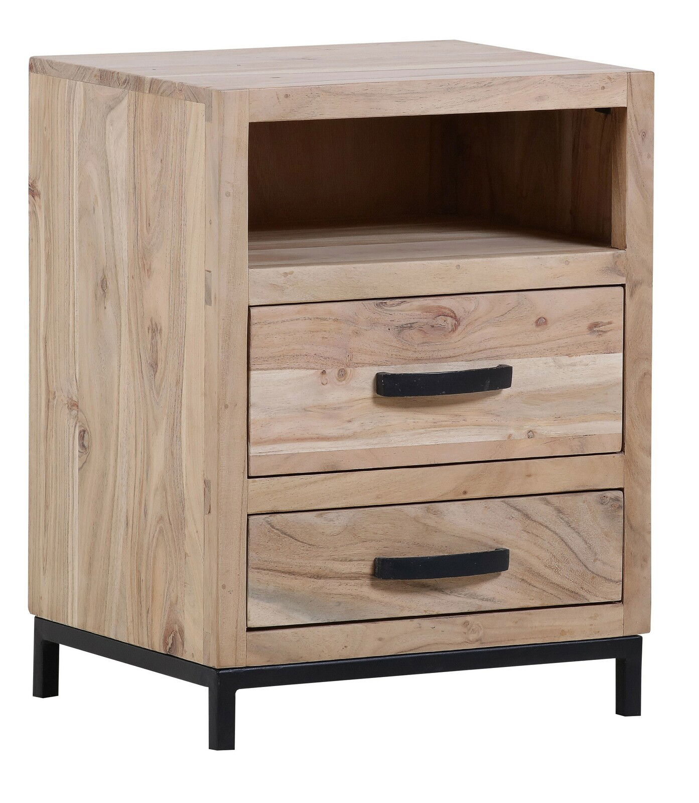 Nachtkommode aus hellem Holz mit zwei Schubladen und einem offenen Fach, seitliche Perspektive