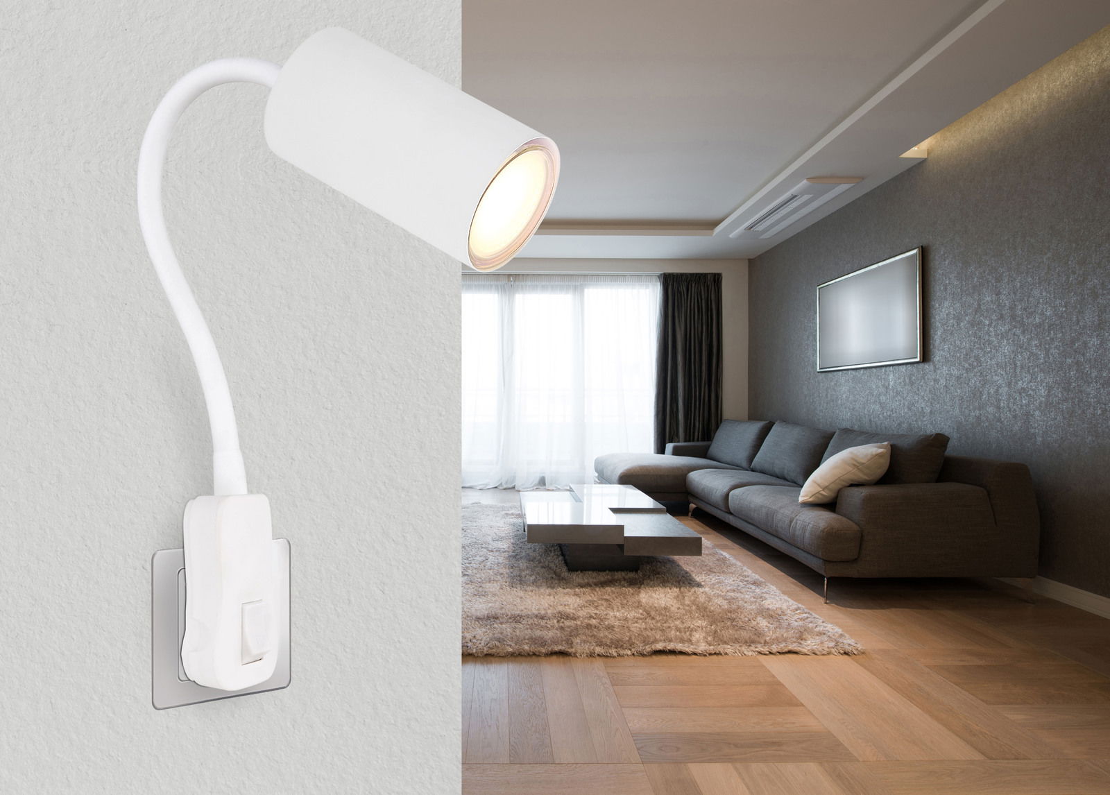 Moderne weiße Wandleuchte aus Kunststoff mit flexiblem Arm, seitliche Perspektive, montiert in einem stilvollen Wohnzimmer.