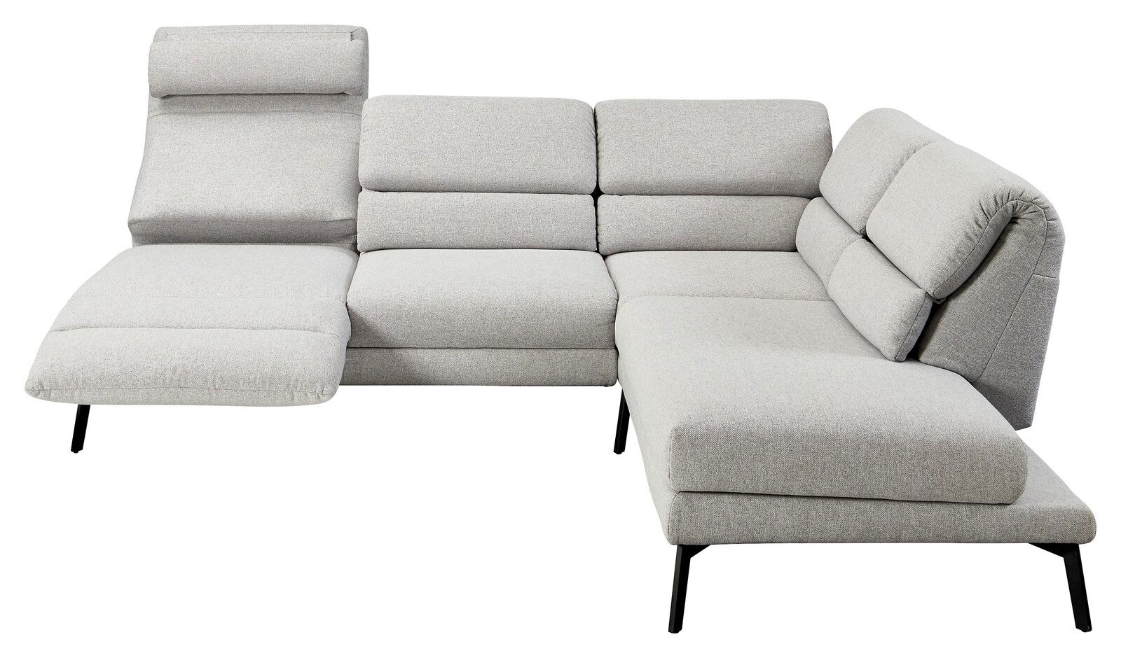Graues Ecksofa mit verstellbarer Kopfstütze und schwarzem Metallgestell, Ansicht von vorne.