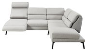 Graues Ecksofa mit verstellbarer Kopfstütze und schwarzem Metallgestell, Ansicht von vorne.