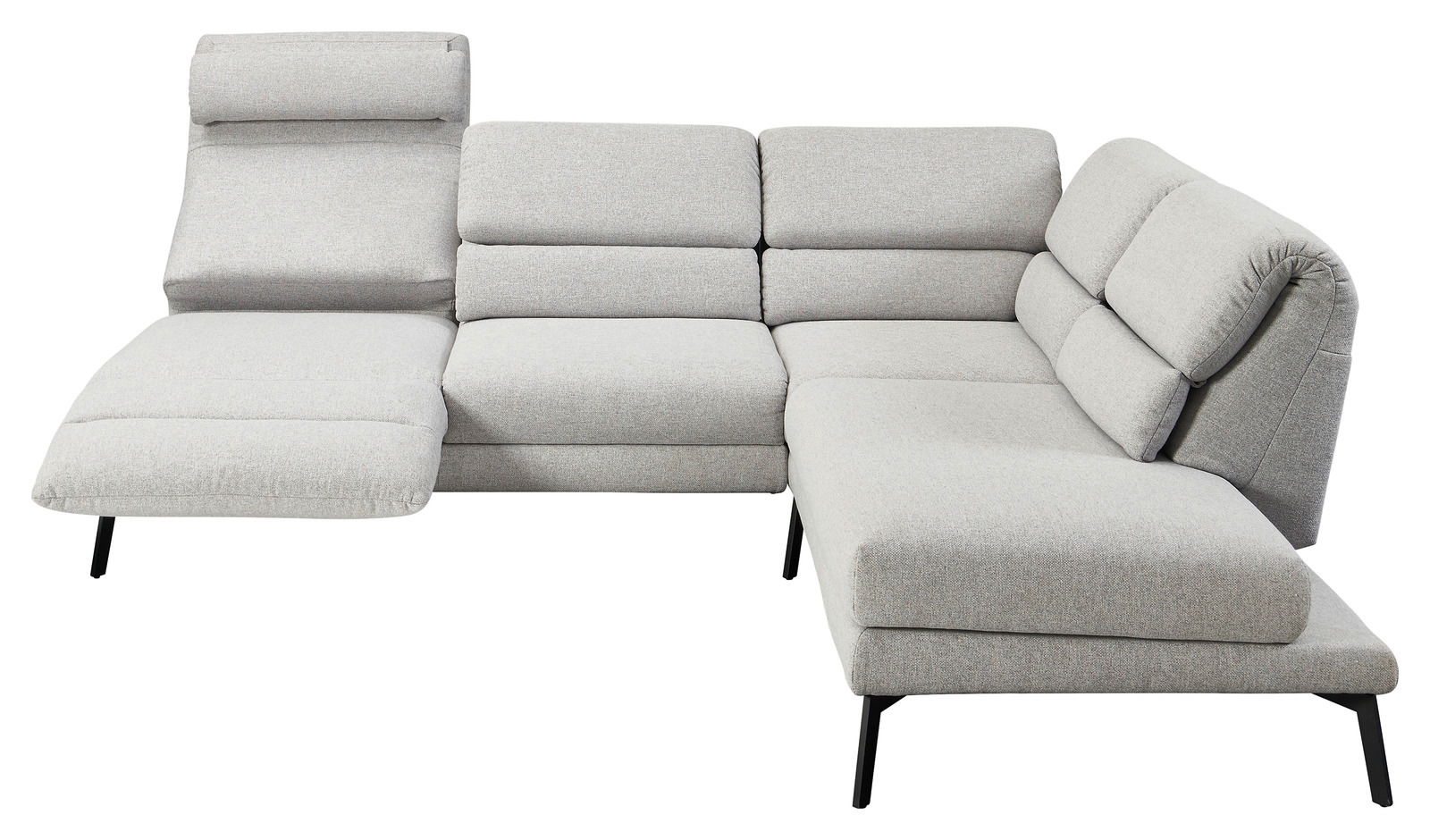 Graues Ecksofa mit verstellbarer Kopfstütze und schwarzem Metallgestell, Ansicht von vorne.