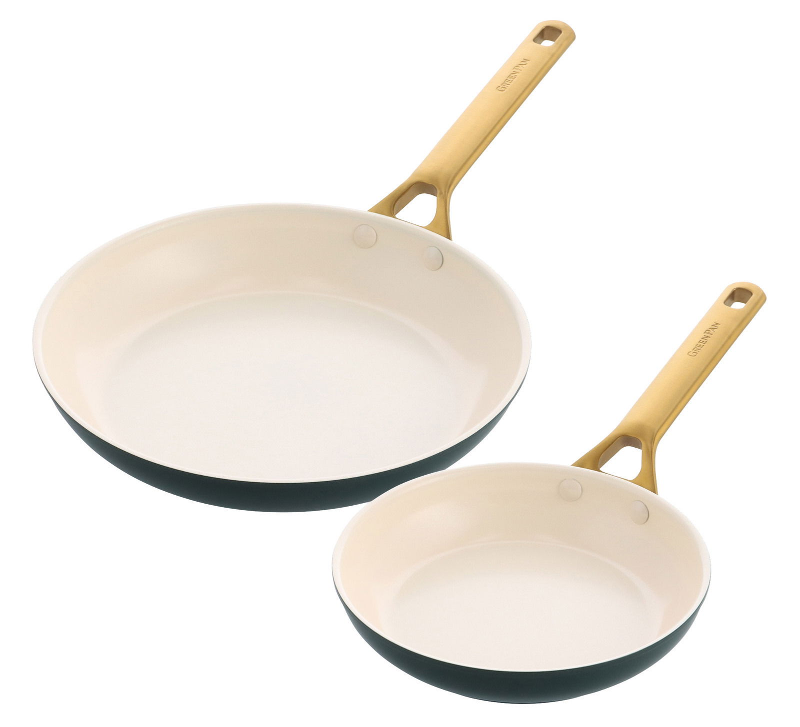 Zwei Bratpfannen in verschiedenen Größen mit cremefarbener Innenbeschichtung und goldenen Griffen, aus der Vogelperspektive fotografiert.