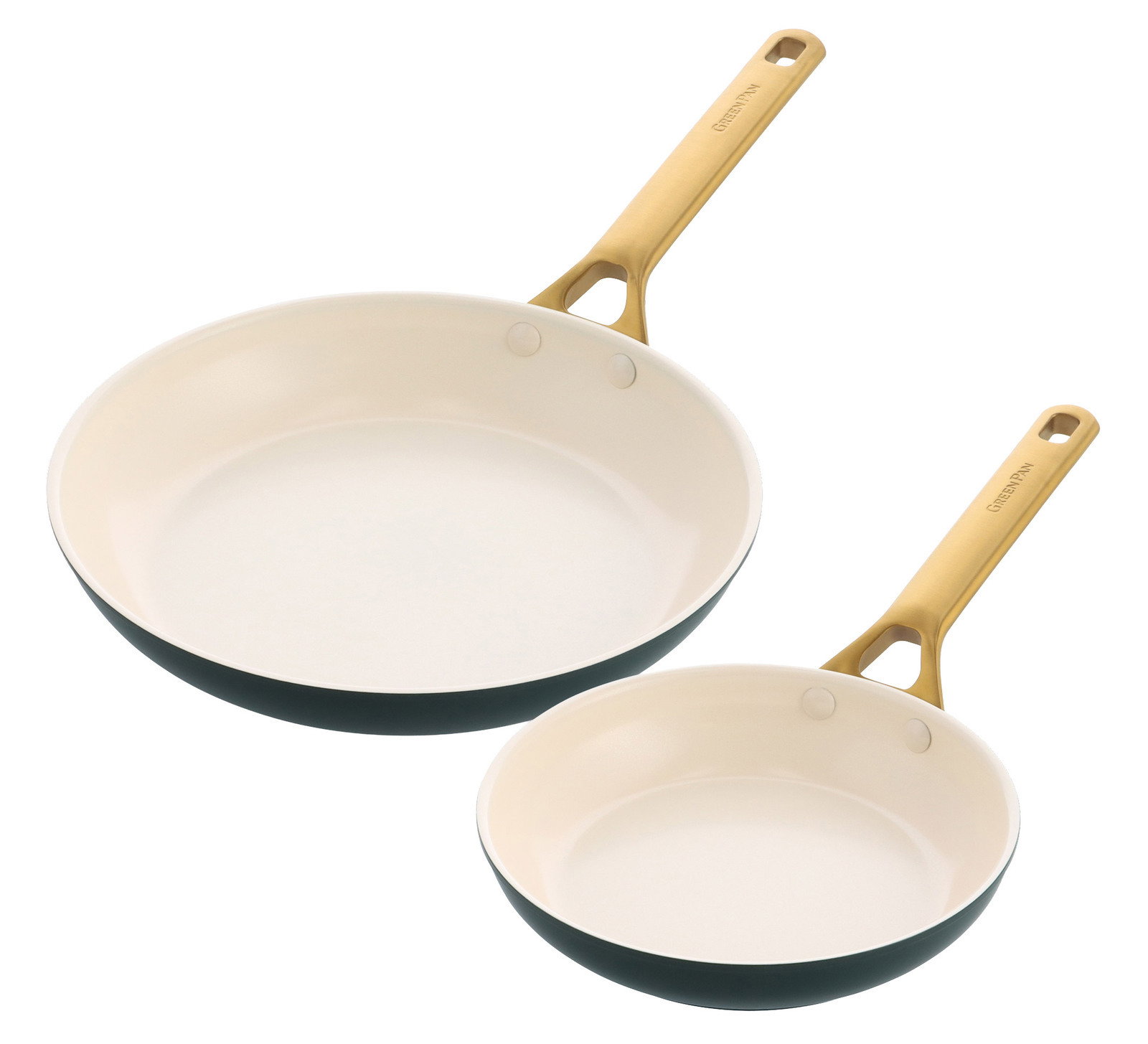 GreenPan Bratpfannen Set 20+26cm PADOVA Zwei Bratpfannen in verschiedenen Größen mit cremefarbener Innenbeschichtung und goldenen Griffen, aus der Vogelperspektive fotografiert.