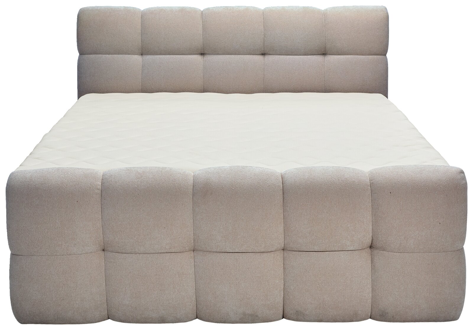 Frontale Ansicht eines Boxbetts mit gepolstertem Kopf- und Fußteil in beigem Stoff.