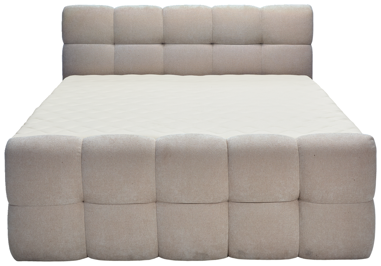 Frontale Ansicht eines Boxbetts mit gepolstertem Kopf- und Fußteil in beigem Stoff.
