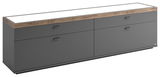 TV-Lowboard in moderner Perspektive, graue Fronten mit Holzoberfläche, vier Schubladen