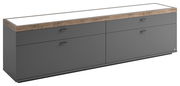 TV-Lowboard in moderner Perspektive, graue Fronten mit Holzoberfläche, vier Schubladen