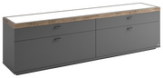 TV-Lowboard in moderner Perspektive, graue Fronten mit Holzoberfläche, vier Schubladen