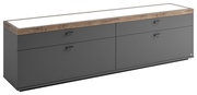 TV-Lowboard in moderner Perspektive, graue Fronten mit Holzoberfläche, vier Schubladen