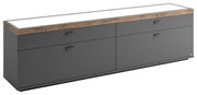 TV-Lowboard in moderner Perspektive, graue Fronten mit Holzoberfläche, vier Schubladen