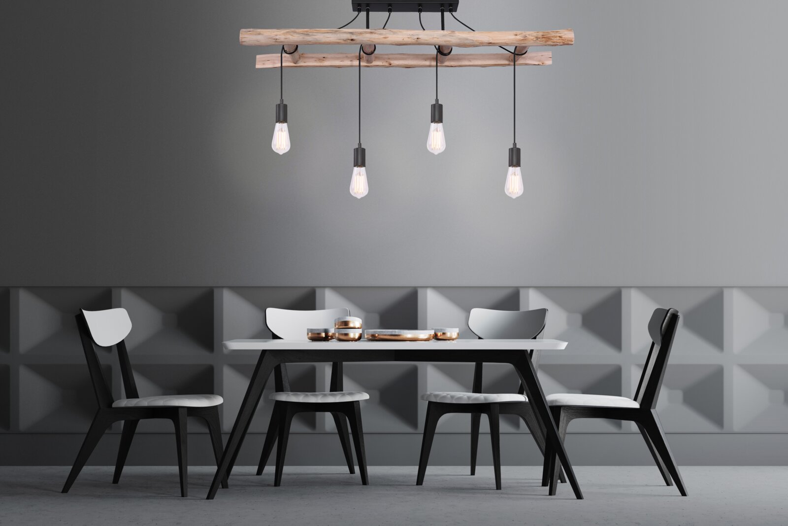 Globo Lighting Deckenleuchte IRMGARD Moderne Deckenleuchte mit vier hängenden Glühbirnen an einem rustikalen Holzbalken, über einem Esstisch mit vier Stühlen, seitliche Perspektive.