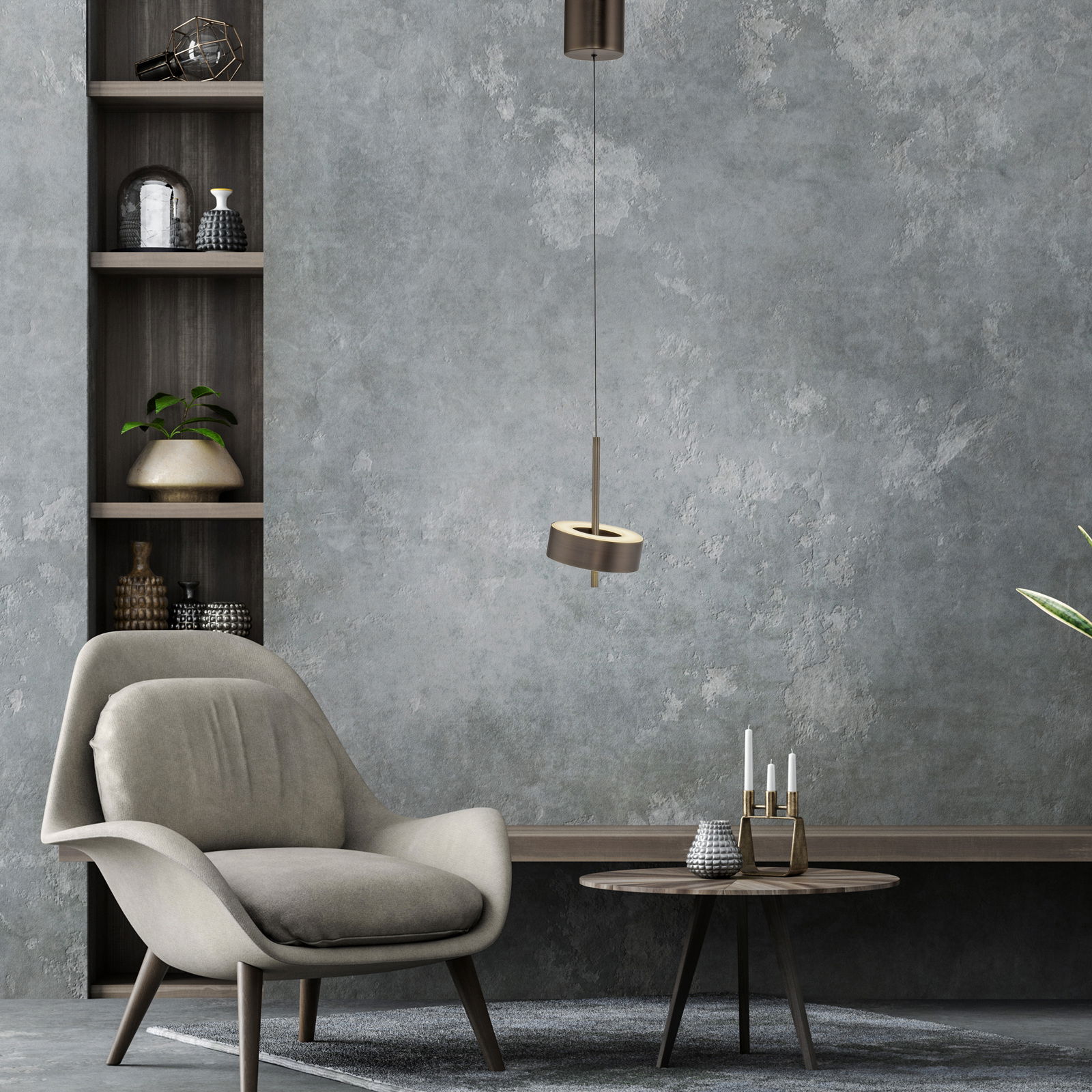 Moderne Pendelleuchte Q-ROTATE in einem stilvollen Wohnzimmer, seitliche Perspektive.