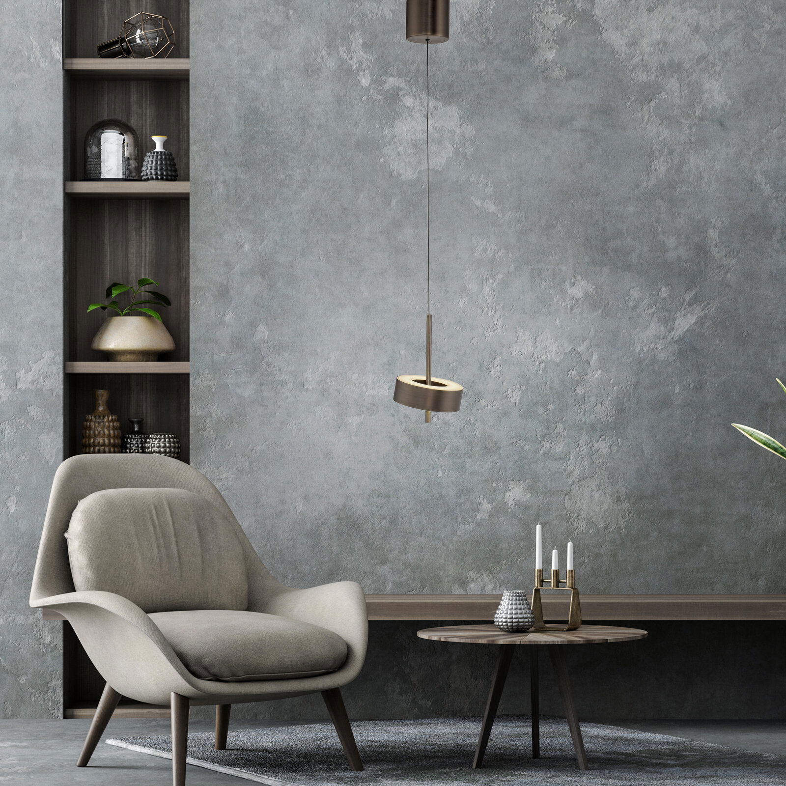 Moderne Pendelleuchte Q-ROTATE in einem stilvollen Wohnzimmer, seitliche Perspektive.