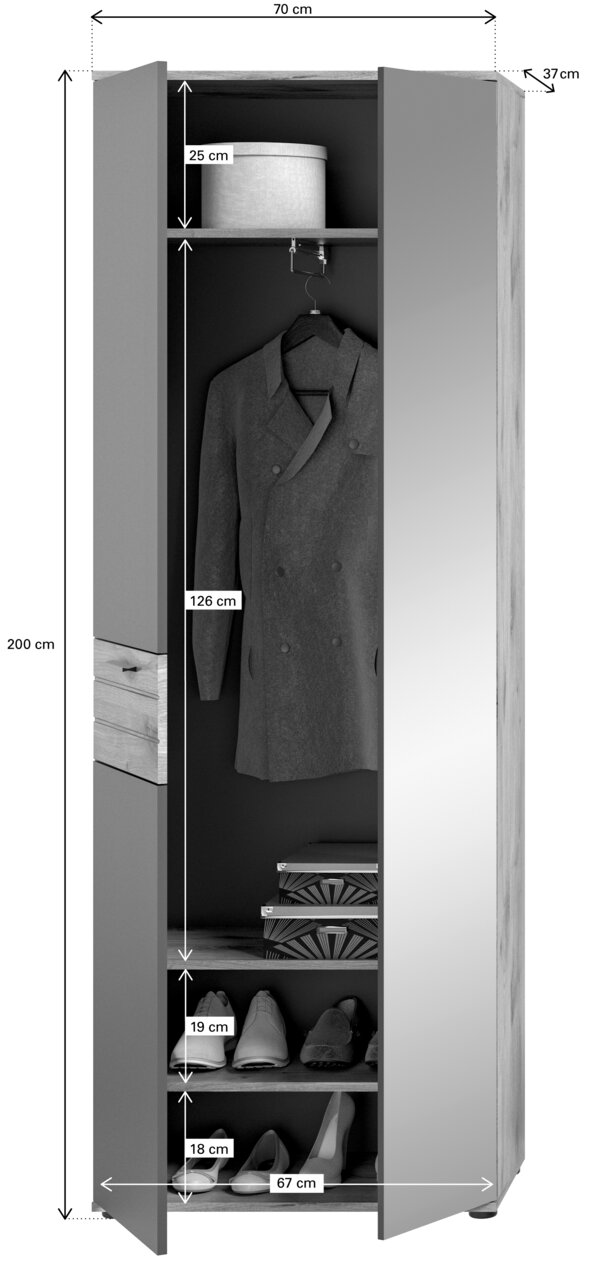 Garderobenschrank mit einer Höhe von 200 cm, Breite von 70 cm und Tiefe von 37 cm, gezeigt in Frontalansicht. Der Schrank hat eine Spiegeltür, eine Kleiderstange mit einem Mantel, ein oberes Fach mit einer Box und zwei untere Fächer für Schuhe.
