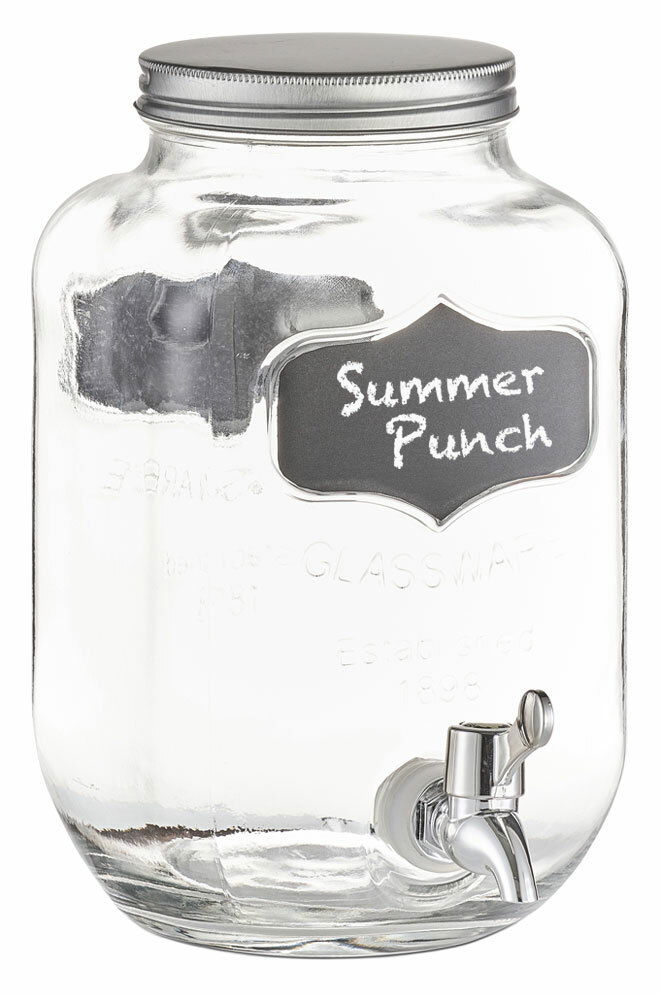 Getränkespender aus Glas mit einem Fassungsvermögen von 3,8 Litern, silbernem Schraubdeckel und Zapfhahn, frontal abgebildet.