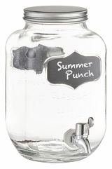 Getränkespender aus Glas mit einem Fassungsvermögen von 3,8 Litern, silbernem Schraubdeckel und Zapfhahn, frontal abgebildet.