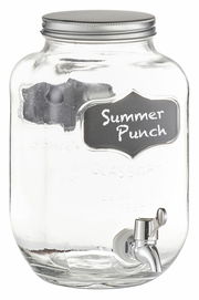 Getränkespender aus Glas mit einem Fassungsvermögen von 3,8 Litern, silbernem Schraubdeckel und Zapfhahn, frontal abgebildet.