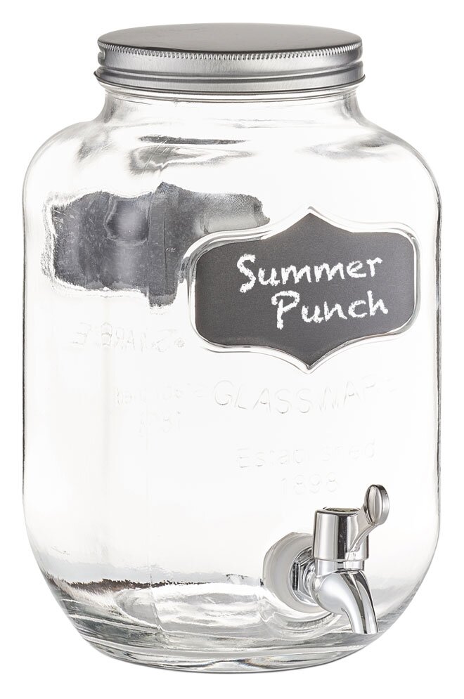 Getränkespender aus Glas mit einem Fassungsvermögen von 3,8 Litern, silbernem Schraubdeckel und Zapfhahn, frontal abgebildet.