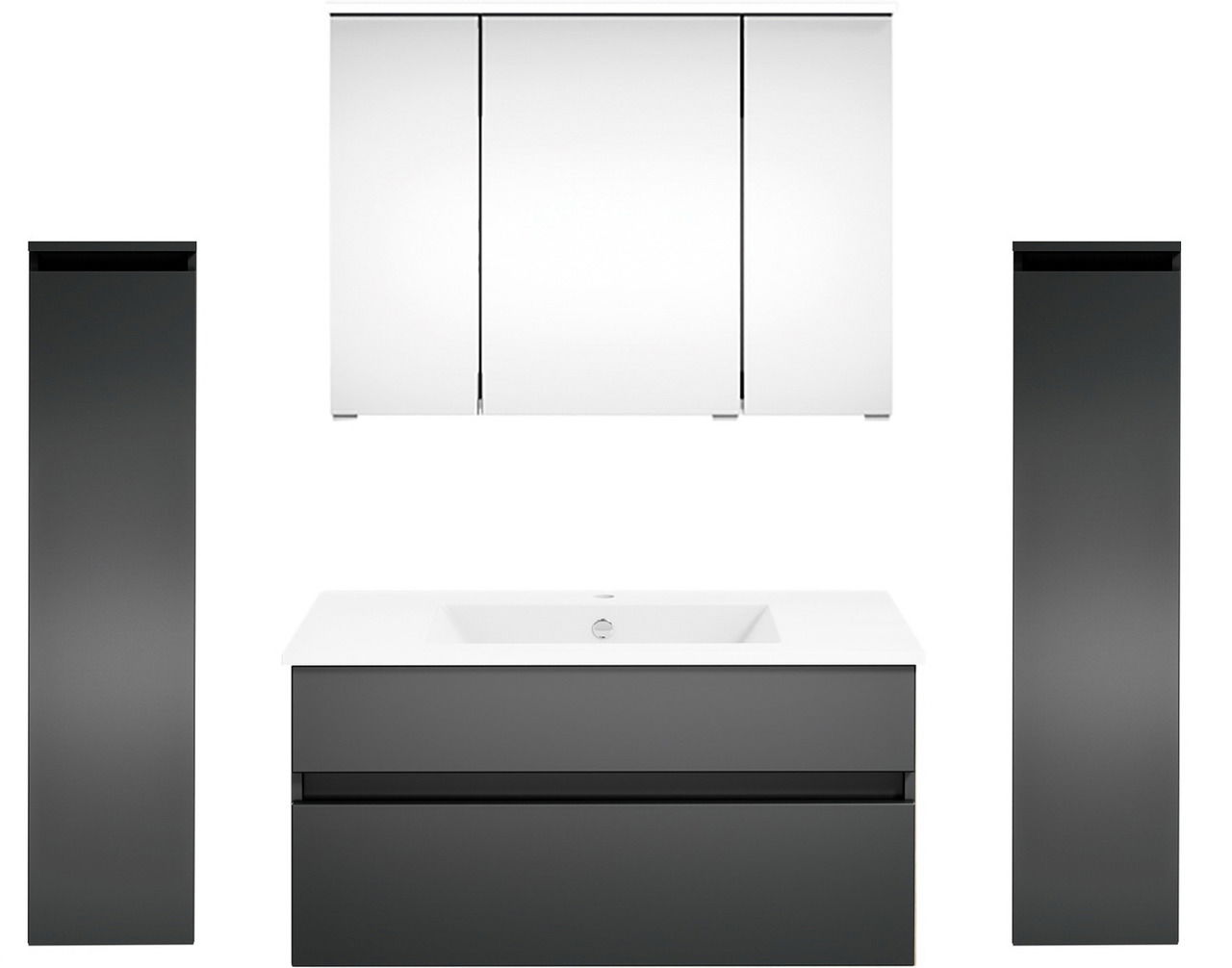 Moderne Badkombination mit Spiegel, Waschbecken und zwei hohen Schränken in Frontalansicht