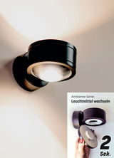 LED Wandleuchte in schwarzem Design, seitliche Perspektive, mit einfacher Möglichkeit zum Wechseln des Leuchtmittels in 2 Sekunden.