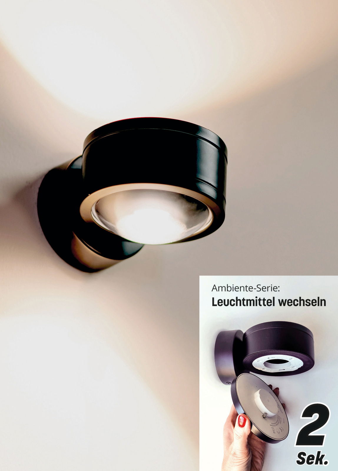 LED Wandleuchte in schwarzem Design, seitliche Perspektive, mit einfacher Möglichkeit zum Wechseln des Leuchtmittels in 2 Sekunden.