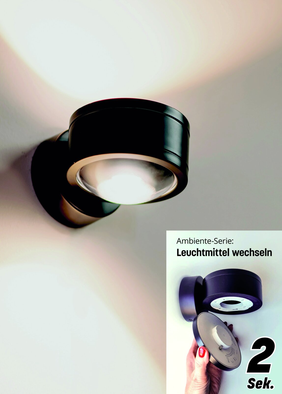 LED Wandleuchte in schwarzem Design, seitliche Perspektive, mit einfacher Möglichkeit zum Wechseln des Leuchtmittels in 2 Sekunden.