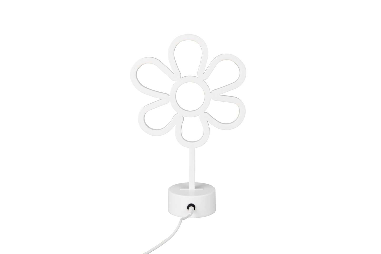 Witte led-tafellamp in de vorm van een bloem, met ronde voet en netsnoer, vooraanzicht in licht bovenaanzicht tegen een witte achtergrond